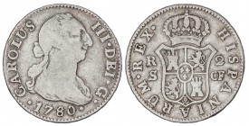 SPANISH MONARCHY: CHARLES III
Charles III
2 Reales. 1780. SEVILLA. C.F. 5,61 grs. ESCASA. Cal-1449. BC+/MBC-.