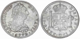 SPANISH MONARCHY: CHARLES III
Charles III
8 Reales. 1772. MÉXICO. F.M. 26,91 grs. Ensayadores boca abajo. (Hojita en anverso). Cal-916. MBC+.