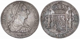 SPANISH MONARCHY: CHARLES III
Charles III
8 Reales. 1777. MÉXICO. F.M. 26,82 grs. (Oxidaciones limpiadas). Pátina y restos de brillo original. Cal-8...