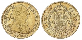 SPANISH MONARCHY: CHARLES III
Charles III
1 Escudo. 1780. SEVILLA. C.F. 3,32 grs. Pequeña contramarca en anverso. Flor de cuatro pétalos. Cal-746. M...