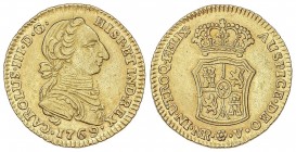 SPANISH MONARCHY: CHARLES III
Charles III
2 Escudos. 1769. NUEVO REINO. V. 6,71 grs. Cara de Rata. Sin indicación de valor. Único año de este ensaya...