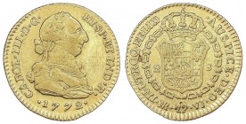 SPANISH MONARCHY: CHARLES III
Charles III
2 Escudos. 1772. NUEVO REINO. V.J. 6,65 grs. (Rayitas y golpecitos). Pequeña contramarca en reverso. Cal-5...