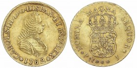 SPANISH MONARCHY: CHARLES III
Charles III
4 Escudos. 1762. POPAYÁN. 13,43 grs. Busto de Carlos III. (Rayas en reverso. Cospel algo doblado). RARA. C...