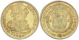 SPANISH MONARCHY: CHARLES III
Charles III
8 Escudos. 1787. LIMA. M.I. 26,78 grs. (Golpecito en canto). ESCASA. Cal-40; XC-708. MBC/MBC+.