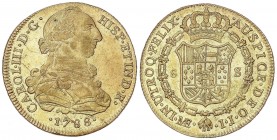 SPANISH MONARCHY: CHARLES III
Charles III
8 Escudos. 1788. LIMA. I.J. 26,96 grs. Pleno brillo original. RARA EN ESTA CALIDAD. Cal-48; XC-716. EBC+.