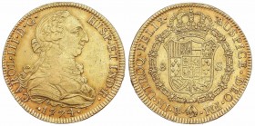 SPANISH MONARCHY: CHARLES III
Charles III
8 Escudos. 1774. MÉXICO. F.M. 26,95 grs. Ceca y ensayadores invertidos. (Rayitas). Cal-91; XC-763. MBC.