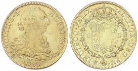 SPANISH MONARCHY: CHARLES III
Charles III
8 Escudos. 1785/3. MÉXICO. F.M. 26,83 grs. Ceca y ensayadores invertidos. Rectificación de fecha solo visi...