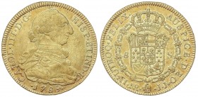 SPANISH MONARCHY: CHARLES III
Charles III
8 Escudos. 1789. NUEVO REINO. J.J. 26,88 grs. Variante sin punto delante de AUSPICE. (Golpecito en canto a...