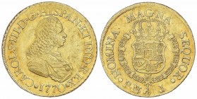 SPANISH MONARCHY: CHARLES III
Charles III
8 Escudos. 1770. POPAYÁN. J. 26,90 grs. (Pequeñas rayitas y golpecitos). ESCASA. Cal-121; XC-797. MBC+.