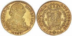 SPANISH MONARCHY: CHARLES III
Charles III
8 Escudos. 1787. SANTIAGO. D.A. 27,01 grs. (Cuño oxidado en parte de anverso y levísimas rayitas)). Cal-24...