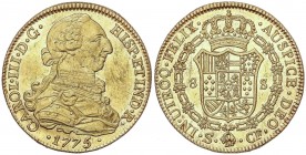 SPANISH MONARCHY: CHARLES III
Charles III
8 Escudos. 1775. SEVILLA. C.F. 26,97 grs. (Rayitas). Pleno brillo original. RARA Y MÁS ASÍ. Cal-254; XC-95...