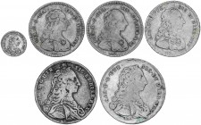 SPANISH MONARCHY: CHARLES III
Charles III
Lote 6 monedas 1/2 Carlino 1/2 (3) y 1 Piastra (2). 1752 a 1758. NÁPOLES. AR. A EXAMINAR. Vti-128, 139, 14...