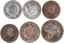 SPANISH MONARCHY: THE SPANISH INFANTES
Spanish Infantes
Lote 6 monedas 5 (2), 8, 10 Torneses y 1/2 Piastra (2). 1817 a 1819. FERNANDO DE DOS SICILIA...