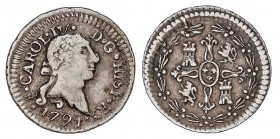 SPANISH MONARCHY: CHARLES IV
Charles IV
1/4 Real. 1791/0. SANTIAGO. 0,88 grs. Busto de Carlos III. Ordinal IV. Acuñada sobre otra moneda. Ligera pát...