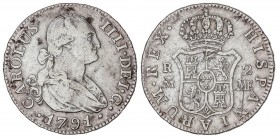 SPANISH MONARCHY: CHARLES IV
Charles IV
2 Reales. 1791/0. MADRID. M.F. 5,80 grs. (Rayas en reverso). RARA. Cal-961 var. sobrefecha. MBC-.
