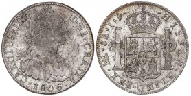 SPANISH MONARCHY: CHARLES IV
Charles IV
8 Reales. 1806. LIMA. J.P. 27,23 grs. Restos de brillo original. (Pequeñas oxidaciones en reverso). Cal-663....