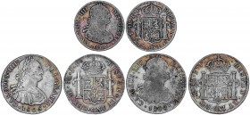SPANISH MONARCHY: CHARLES IV
Charles IV
Lote 3 monedas 4 y 8 Reales (2). 1806 y 1808 (2). LIMA y POTOSÍ (2). 4 Reales Potosí P.J. y 8 Reales Lima J....