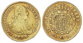 SPANISH MONARCHY: CHARLES IV
Charles IV
1 Escudo. 1793/2. NUEVO REINO. J.J. 3,34 grs. (Golpecitos en anverso). Cal-568 var. sobrefecha. MBC.