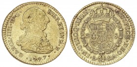 SPANISH MONARCHY: CHARLES IV
Charles IV
2 Escudos. 1797. SANTIAGO. D.A. 6,77 grs. Busto de Carlos III. (Pequeñas hojitas en anverso). RARÍSIMA. Cal-...
