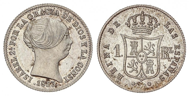 SPANISH MONARCHY: ELISABETH II
Elisabeth II
1 Real. 1853. BARCELONA. 1,31 grs....