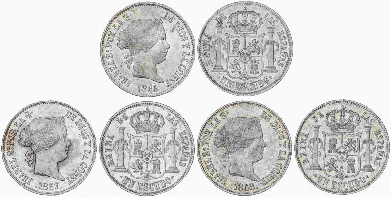 SPANISH MONARCHY: ELISABETH II
Elisabeth II
Lote 3 monedas 1 Escudo. 1866, 186...