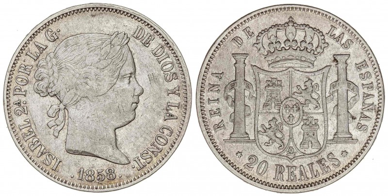 SPANISH MONARCHY: ELISABETH II
Elisabeth II
20 Reales. 1858. MADRID. 25,63 grs...