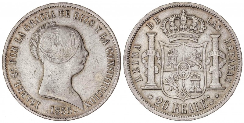 SPANISH MONARCHY: ELISABETH II
Elisabeth II
20 Reales. 1855. SEVILLA. 25,92 gr...