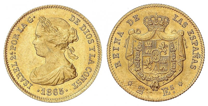 SPANISH MONARCHY: ELISABETH II
Elisabeth II
2 Escudos. 1865. MADRID. 1,72 grs....