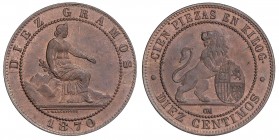 PESETA SYSTEM: PROVISIONAL GOVERNMENT AND I REPUBLIC
10 Céntimos. 1870. BARCELONA. O.M. SC-.
