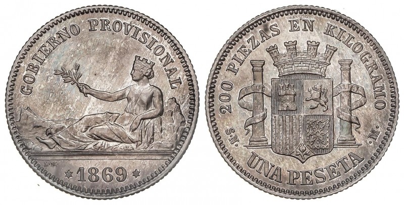 PESETA SYSTEM: PROVISIONAL GOVERNMENT AND I REPUBLIC
1 Peseta. 1869. S.M.-M. Le...