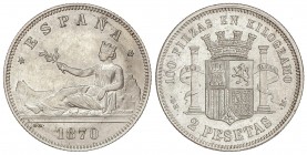PESETA SYSTEM: PROVISIONAL GOVERNMENT AND I REPUBLIC
2 Pesetas. 1870 (*18-75). RARA ASÍ. EBC+.