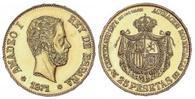 PESETA SYSTEM: AMADEO I
Reproducción 25 Pesetas. 1871 (*19-71). AU. Centenario. Acuñación de 200 medallas numeradas (nº 132). SC.