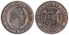 PESETA SYSTEM: CHARLES VII Pretender
5 Céntimos. 1875. BRUSELAS. Anverso y reverso coincidentes. Tipo medalla. EBC.