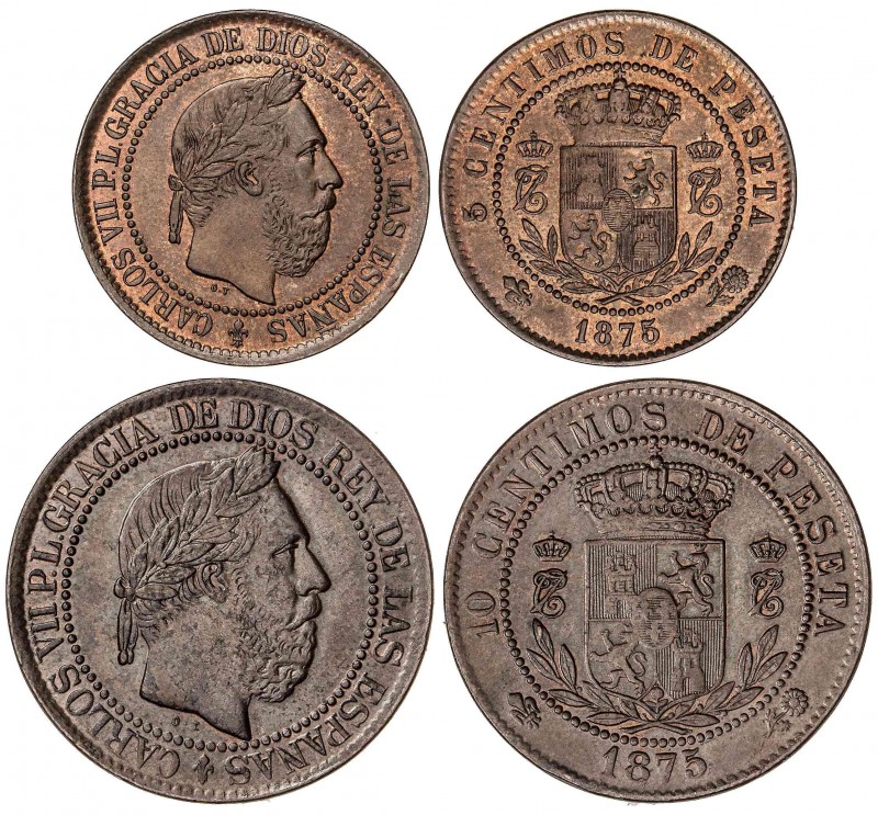 PESETA SYSTEM: CHARLES VII Pretender
Serie 2 monedas 5 y 10 Céntimos. 1875. BRU...