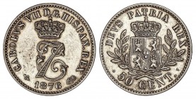 PESETA SYSTEM: CHARLES VII Pretender
50 Céntimos. 1876. BRUSELAS. O.T. Granada con ramas en el escudo. ESCASA. Cal-7. EBC+.
