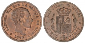 PESETA SYSTEM: ALFONSO XII
5 Céntimos. 1877. BARCELONA. O.M. Color y brillo original. Bonita pátina. SC-.