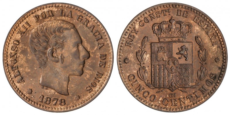 PESETA SYSTEM: ALFONSO XII
5 Céntimos. 1878. BARCELONA. O.M. Pátina y restos de...