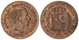 PESETA SYSTEM: ALFONSO XII
5 Céntimos. 1878. BARCELONA. O.M. Pátina y restos de brillo original. SC-.