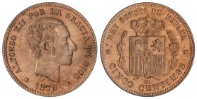 PESETA SYSTEM: ALFONSO XII
5 Céntimos. 1879. BARCELONA. O.M. Color y brillo originales. Bonita pátina. SC.