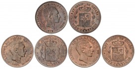 PESETA SYSTEM: ALFONSO XII
Lote 3 monedas 10 Céntimos. 1877, 1878 y 1879. BARCELONA. O.M. A EXAMINAR. MBC+ a EBC.