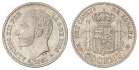 PESETA SYSTEM: ALFONSO XII
50 Céntimos. 1881 (*8-1). M.S.-M. Restos de brillo original. EBC+.