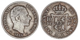 PESETA SYSTEM: ALFONSO XII
10 Centavos de Peso. 1884. MANILA. MUY ESCASA. MBC-/MBC.
