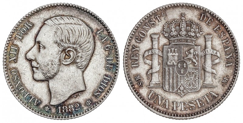 PESETA SYSTEM: ALFONSO XII
1 Peseta. 1882 (*18-82). M.S.-M. Ligera pátina. EBC-...