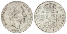 PESETA SYSTEM: ALFONSO XII
20 Centavos de Peso. 1880. MANILA. (Oxidaciones limpiadas). MUY ESCASA. (MBC+).
