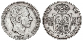 PESETA SYSTEM: ALFONSO XII
20 Centavos de Peso. 1880. MANILA. ESCASA. MBC-/MBC.