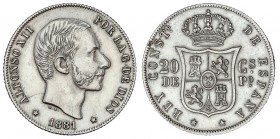 PESETA SYSTEM: ALFONSO XII
20 Centavos de Peso. 1881. MANILA. (Limpiada). EBC-.
