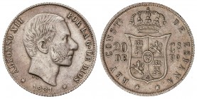 PESETA SYSTEM: ALFONSO XII
20 Centavos de Peso. 1881. MANILA. (Rayita en anverso). MBC/MBC+.