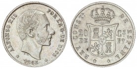 PESETA SYSTEM: ALFONSO XII
20 Centavos de Peso. 1883. MANILA. (Manchitas en reverso). Suave pátina irisada. ESCASA ASÍ. EBC.