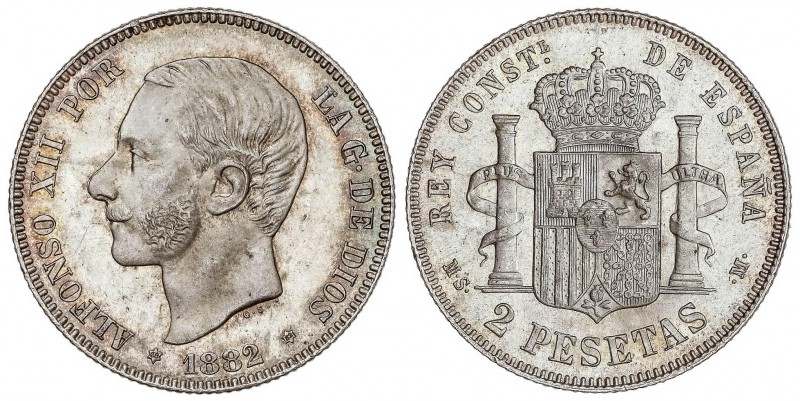 PESETA SYSTEM: ALFONSO XII
2 Pesetas. 1882 (*18-82). M.S.-M. Ligera pátina y br...