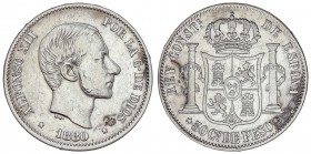 PESETA SYSTEM: ALFONSO XII
50 Centavos de Peso. 1880. MANILA. MBC-/MBC.
